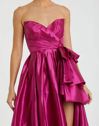 Strapless Taffeta Gown with Ruffles and Slit - Hot Pink