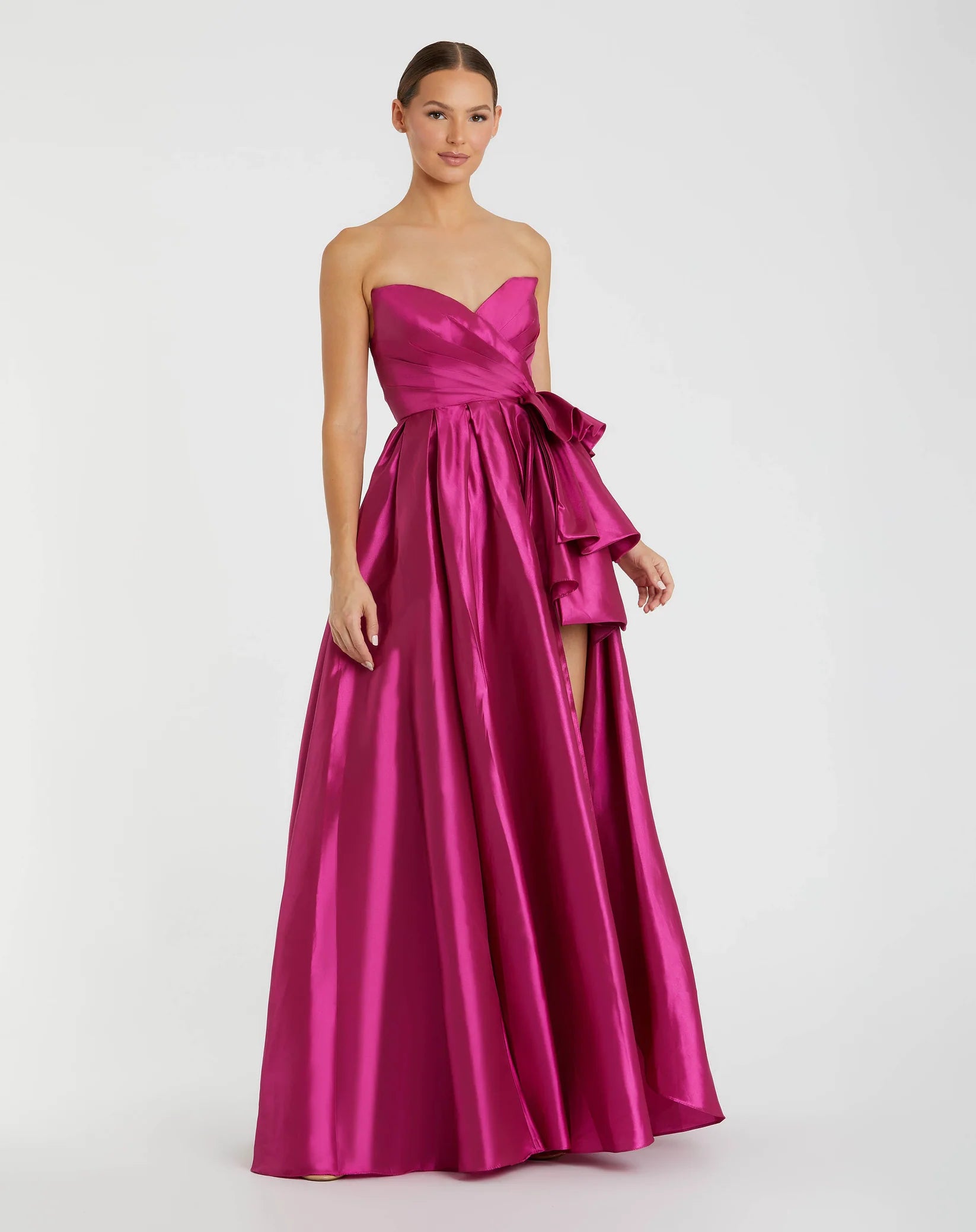 Mac Duggal Strapless Taffeta Gown with Ruffles and Slit Hot Pink #11892