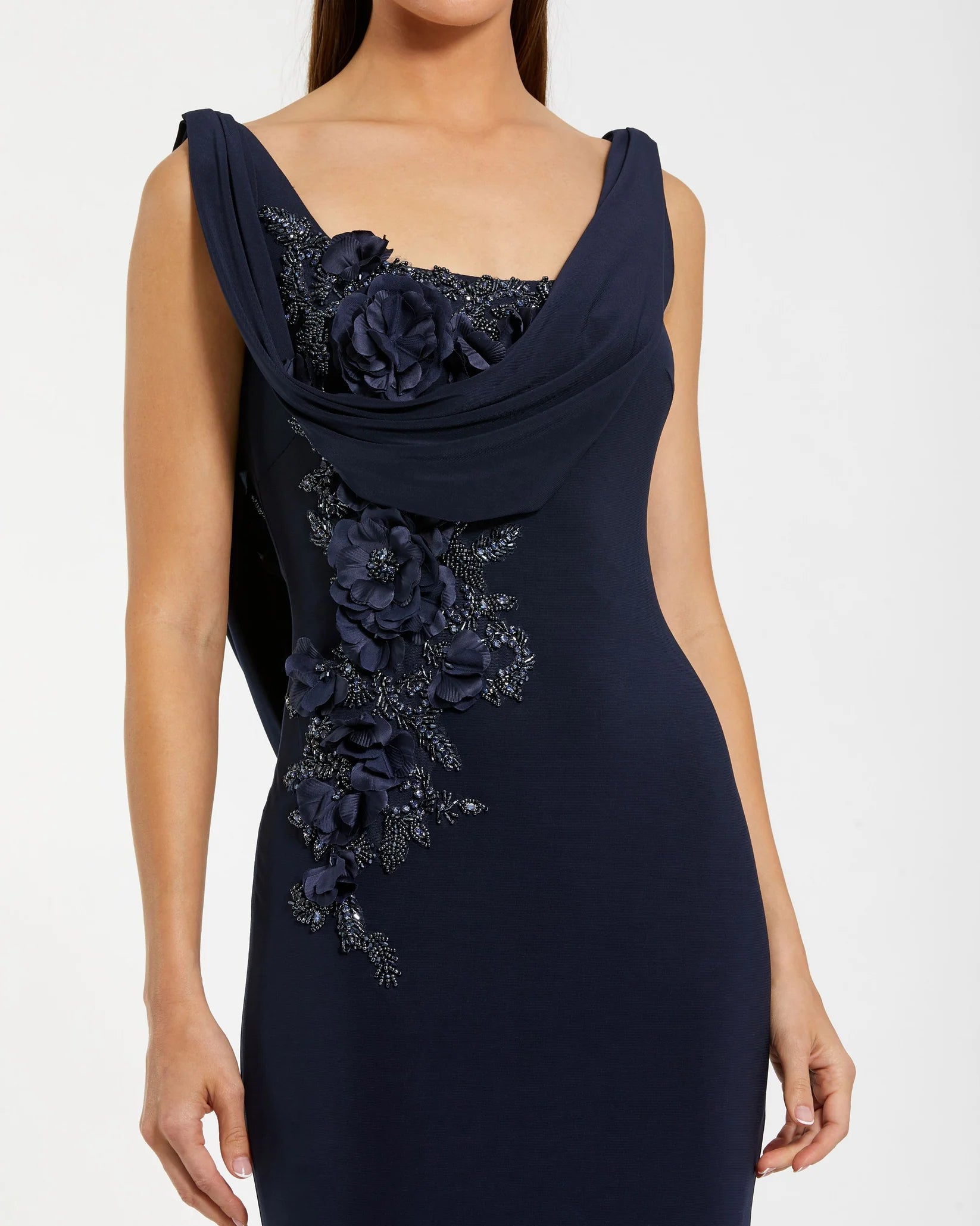 Sleeveless Jersey Cowl Neck Gown With Beading - Midnight