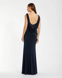 Sleeveless Jersey Cowl Neck Gown With Beading - Midnight