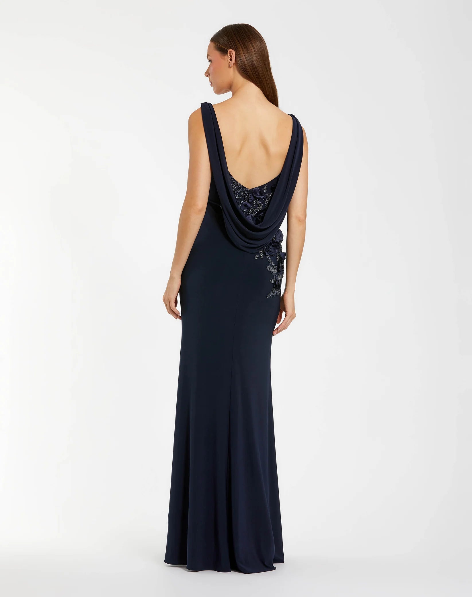 Sleeveless Jersey Cowl Neck Gown With Beading - Midnight