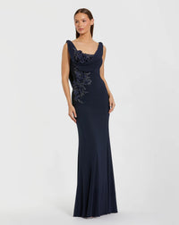 Mac Duggal Green Sleeveless Jersey Cowl Neck Gown With Beading Midnight #11910