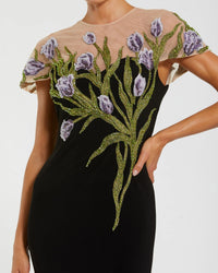 Jersey Floral Embroidered Gown - Black