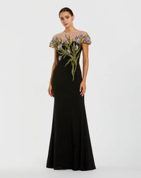 Mac Duggal Black Jersey Floral Embroidered Illusion Neck Gown Black #11912