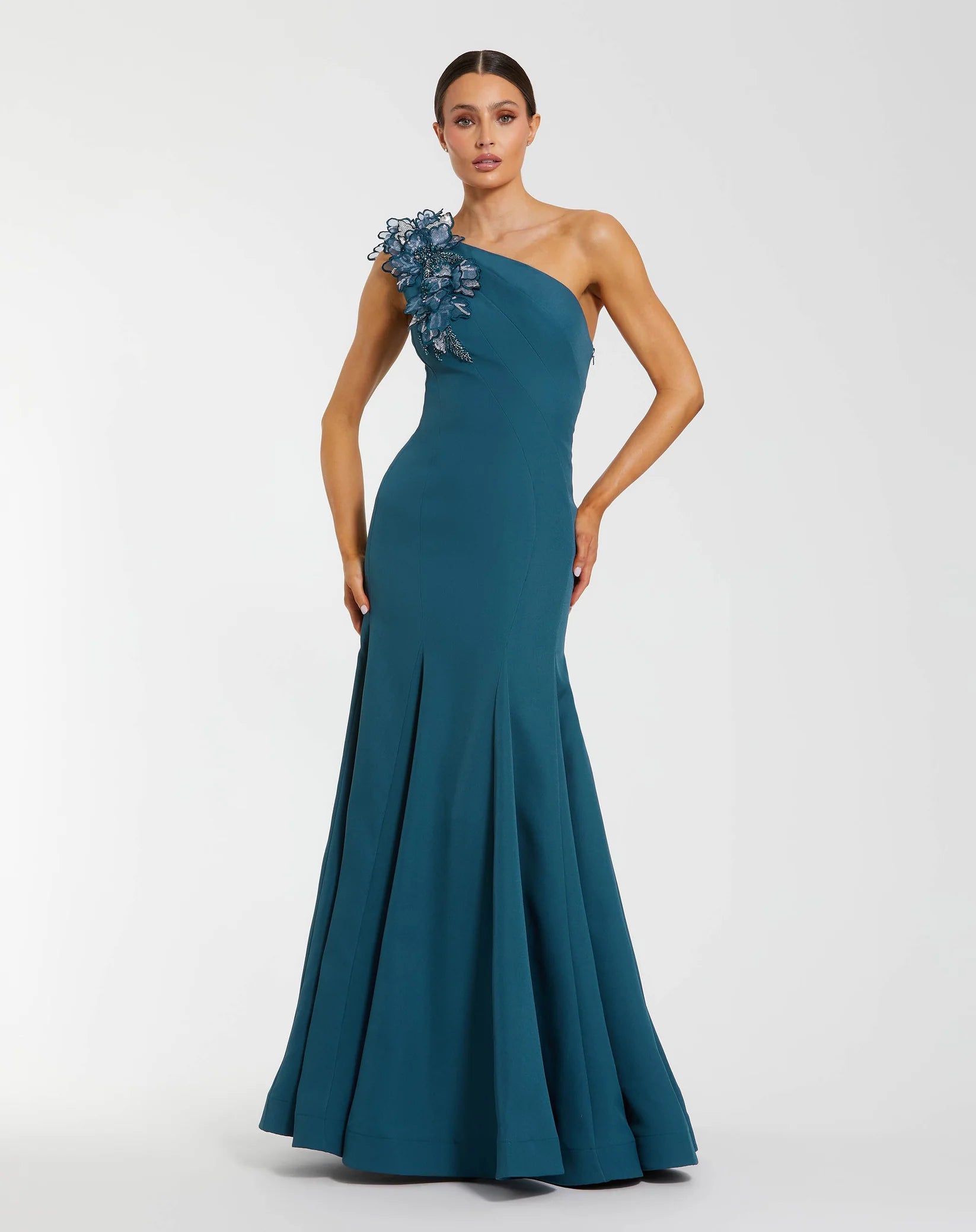 Mac Duggal Blue One Shoulder Mermaid Gown with 3D Flowers #11940 Ocean Blue