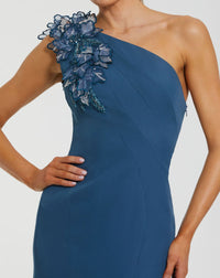 One Shoulder Mermaid Gown with 3D Flowers - Blue