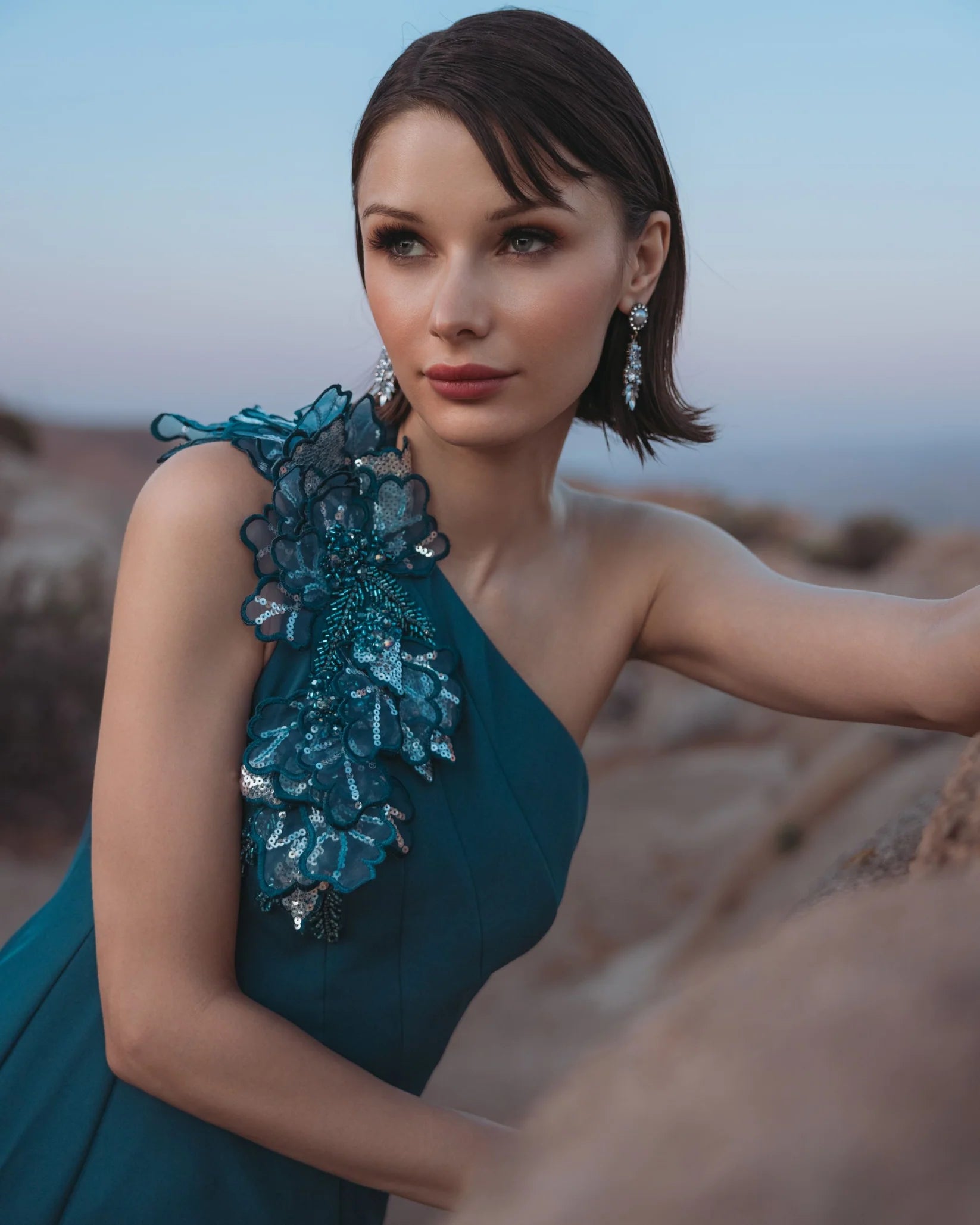 One Shoulder Mermaid Gown with 3D Flowers - Blue