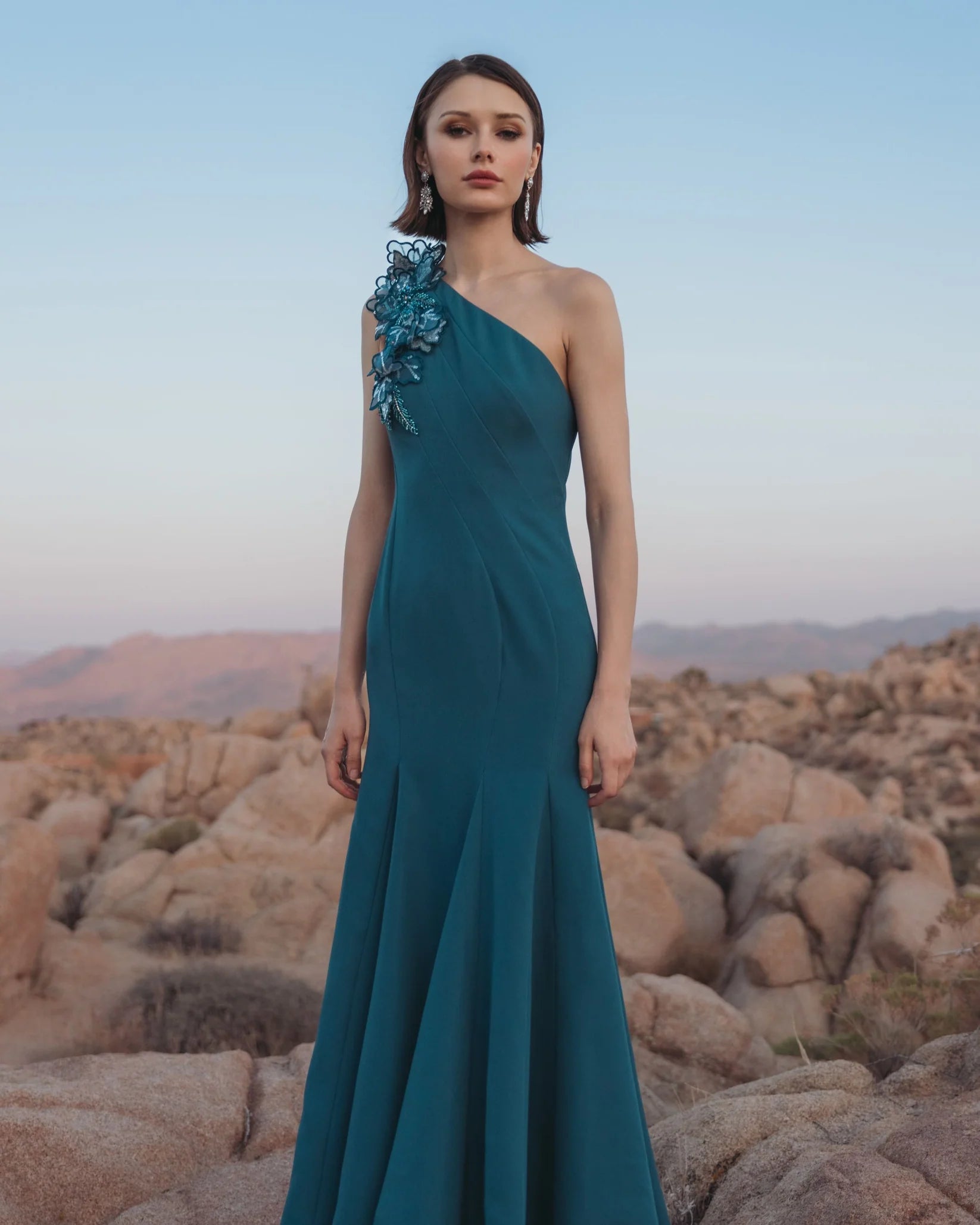 One Shoulder Mermaid Gown with 3D Flowers - Blue