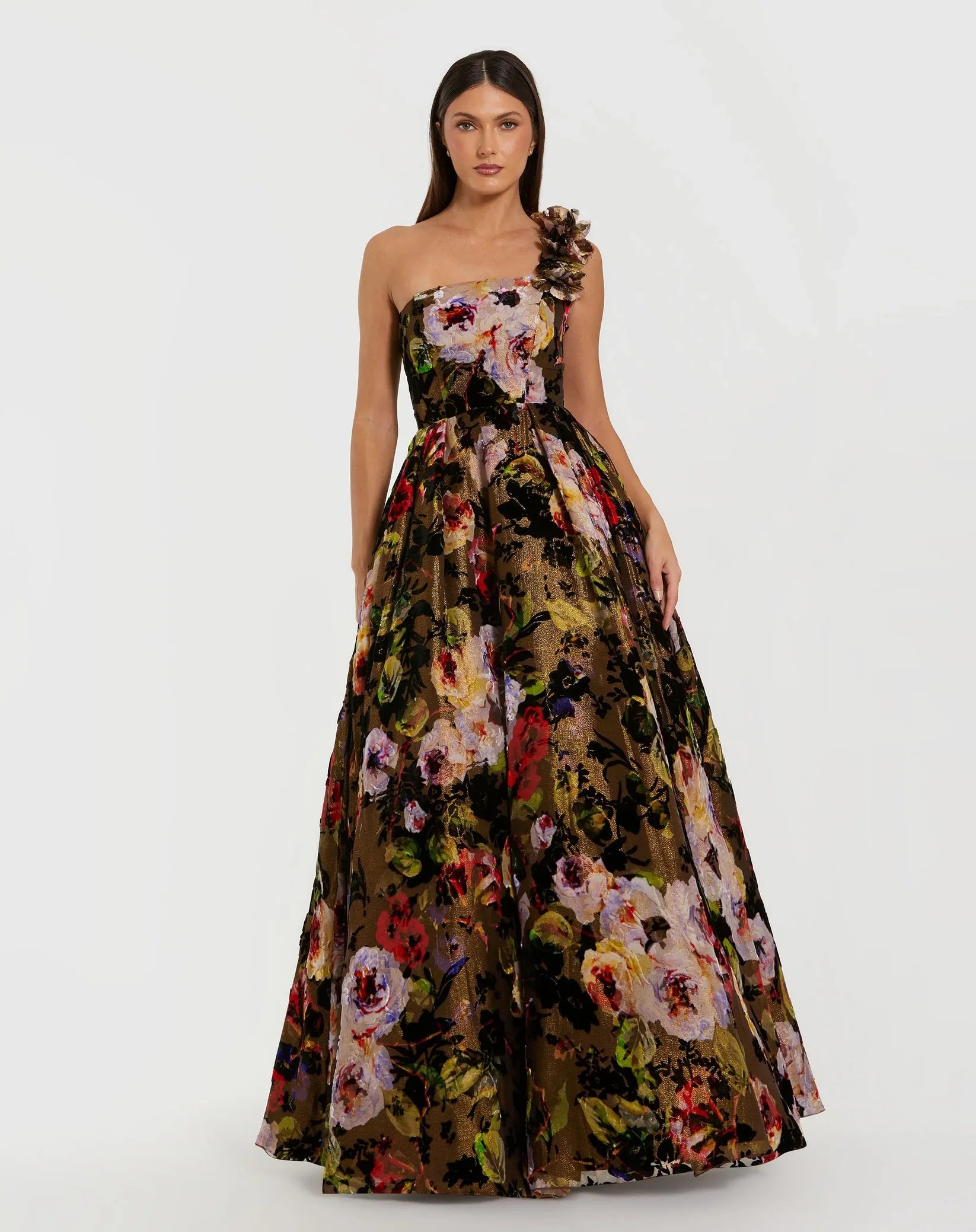 One Shoulder Floral Velvet Ballgown - Black