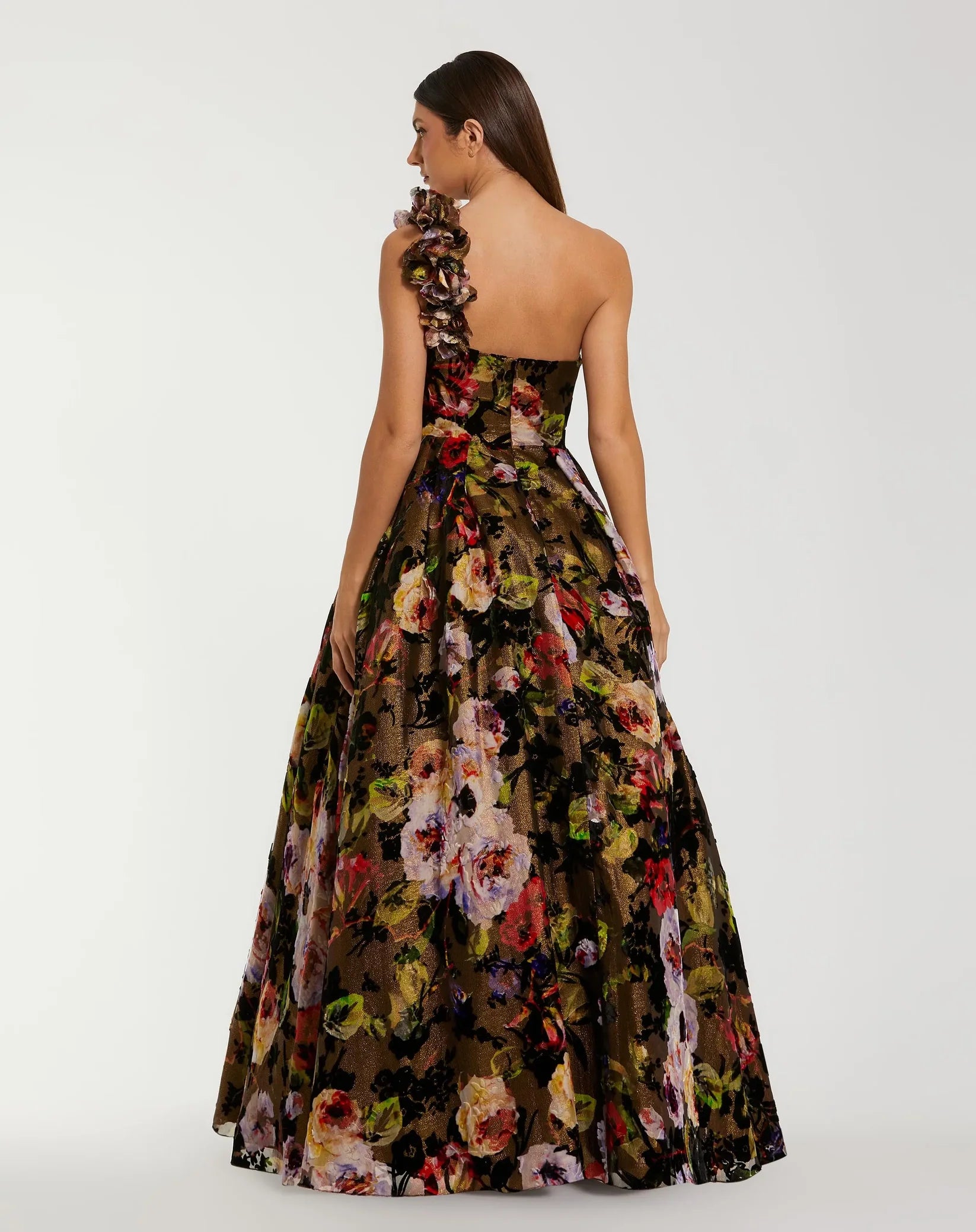One Shoulder Floral Velvet Ballgown - Black
