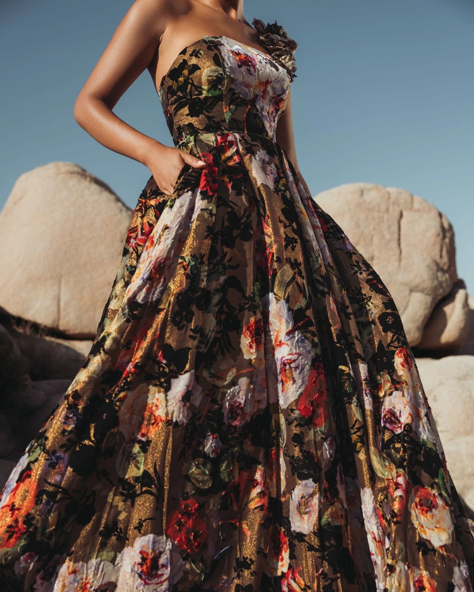 One Shoulder Floral Velvet Ballgown - Black