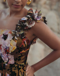 One Shoulder Floral Velvet Ballgown - Black