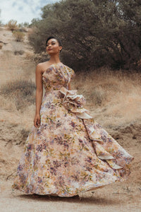 Strapless Pink Velvet Floral Ball Gown - Blush