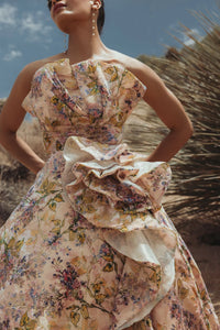 Strapless Pink Velvet Floral Ball Gown - Blush