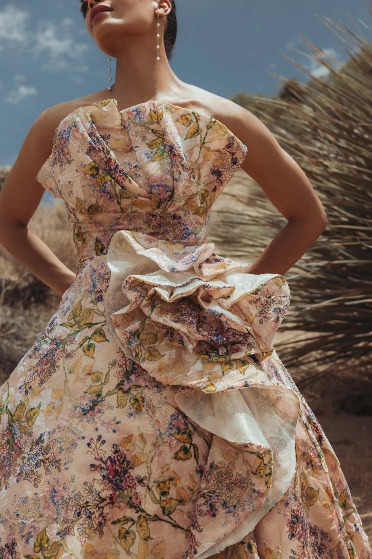 Strapless Pink Velvet Floral Ball Gown - Blush