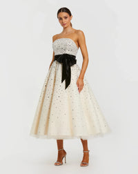 Mac Duggal White Strapless Embellished Midi Dress with Velvet Bow #11983 Black Cream Princess Tulle Puff dress