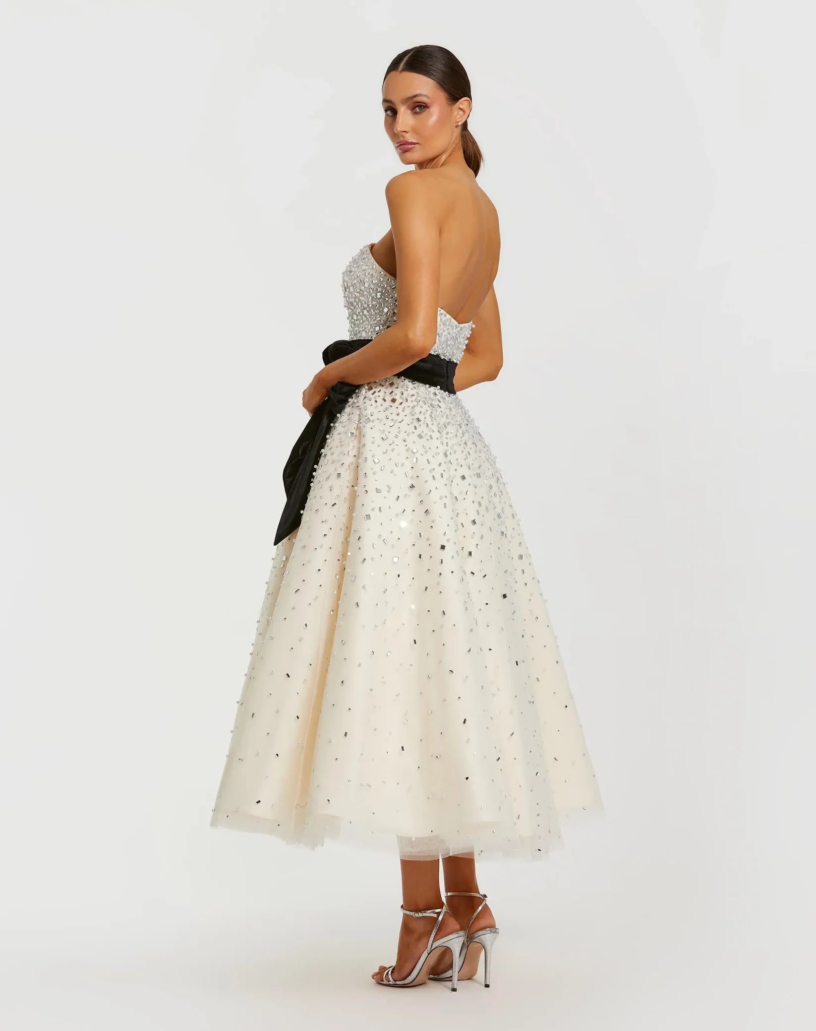 Strapless Embellished Midi Dress Velvet Bow - Cream
