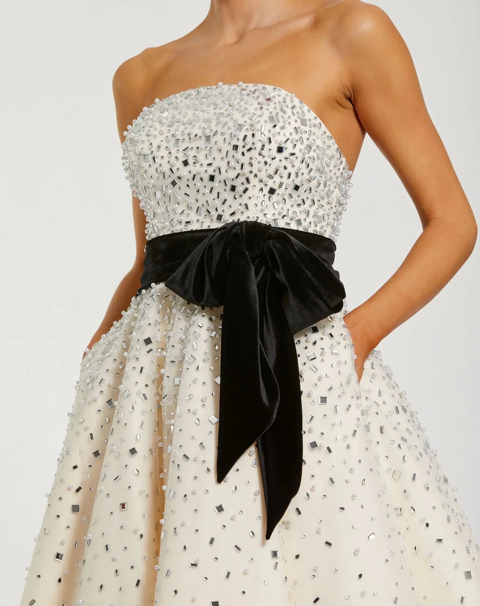 Strapless Embellished Midi Dress Velvet Bow - Cream