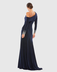 Off-the-shoulder jersey gown with jewel-accented cuffs - Midnight