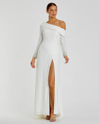 Off-the-shoulder jersey gown with jewel-accented cuffs - Midnight