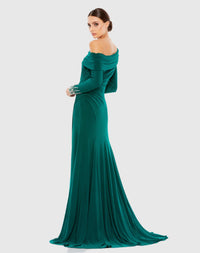 Off-the-shoulder jersey gown with jewel-accented cuffs - Midnight