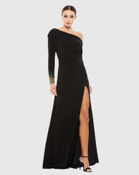 Off-the-shoulder jersey gown with jewel-accented cuffs - Midnight