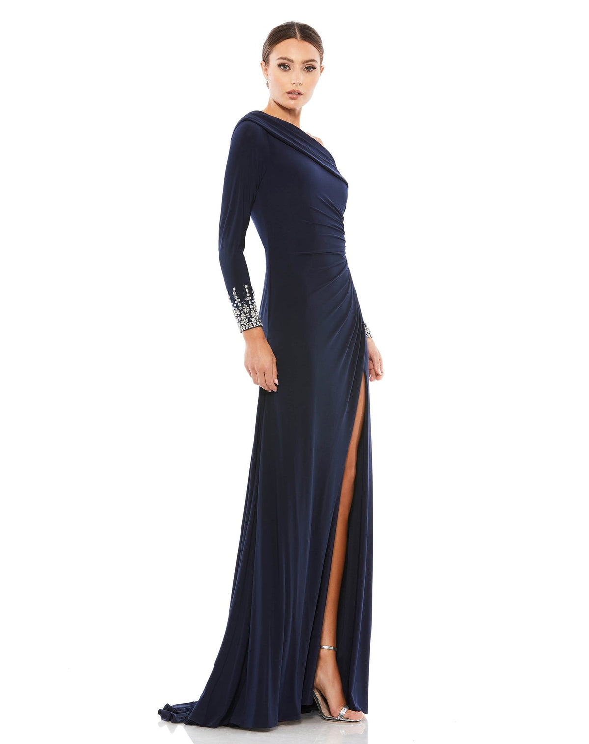 Off-the-shoulder jersey gown with jewel-accented cuffs - Midnight