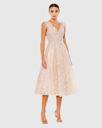 Mac Duggal Pink Embroidered Sleeveless Feather Detail Midi Dress Pink #20275