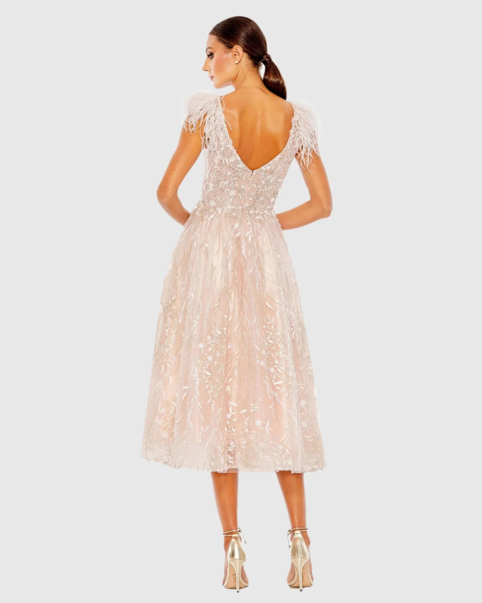 Embroidered Sleeveless FeatherlMidi Dress - Pink