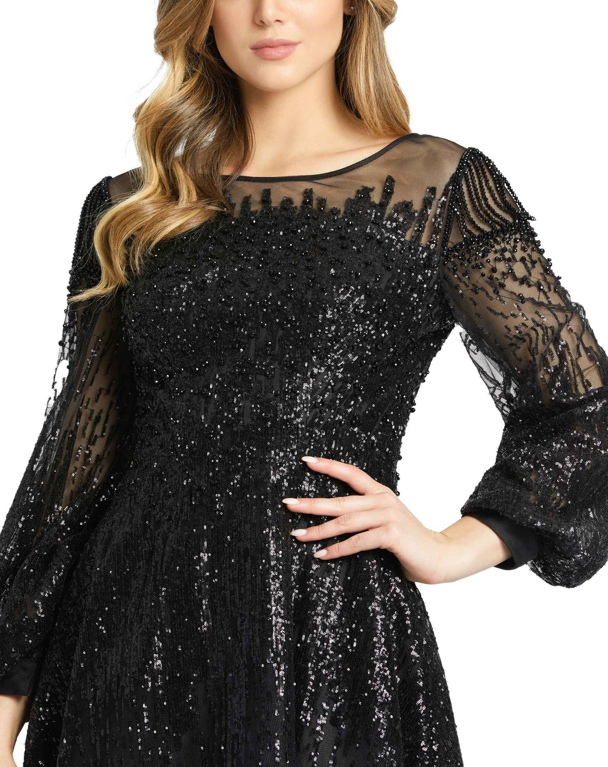 Jewel encrusted long sleeve A line modest gown - black close up