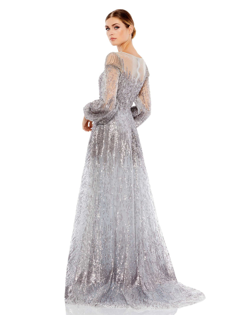 Jewel encrusted long sleeve A line modest gown - Platinum back view