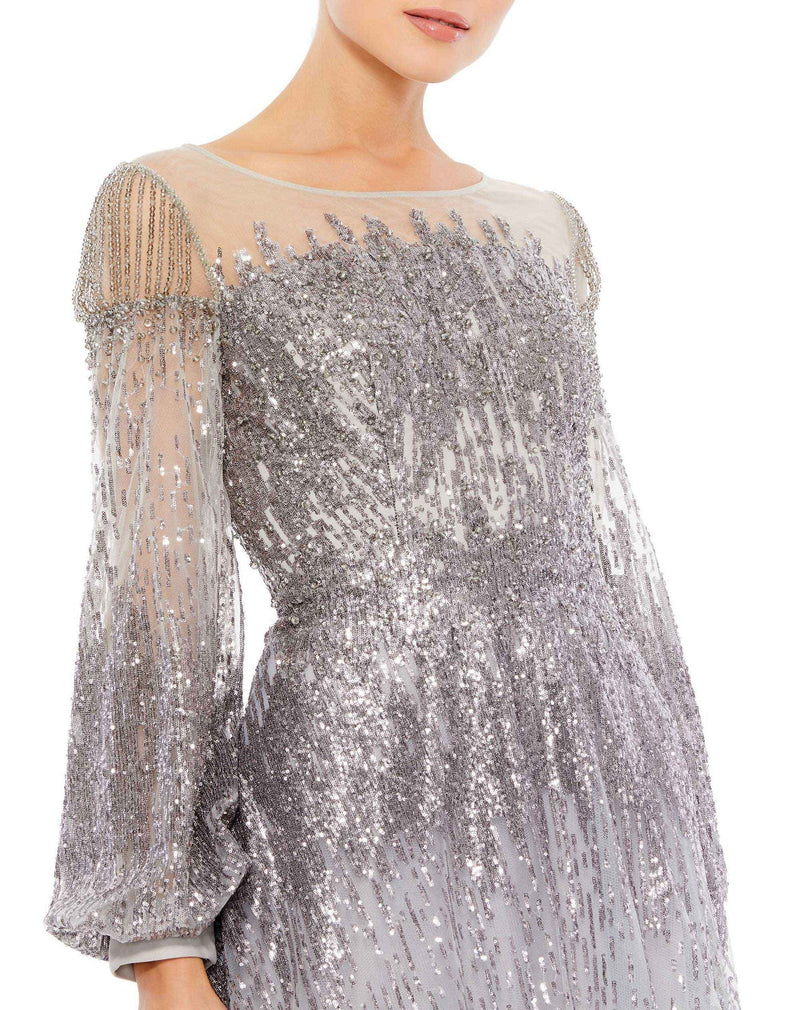Jewel encrusted long sleeve A line modest gown - Platinum close up