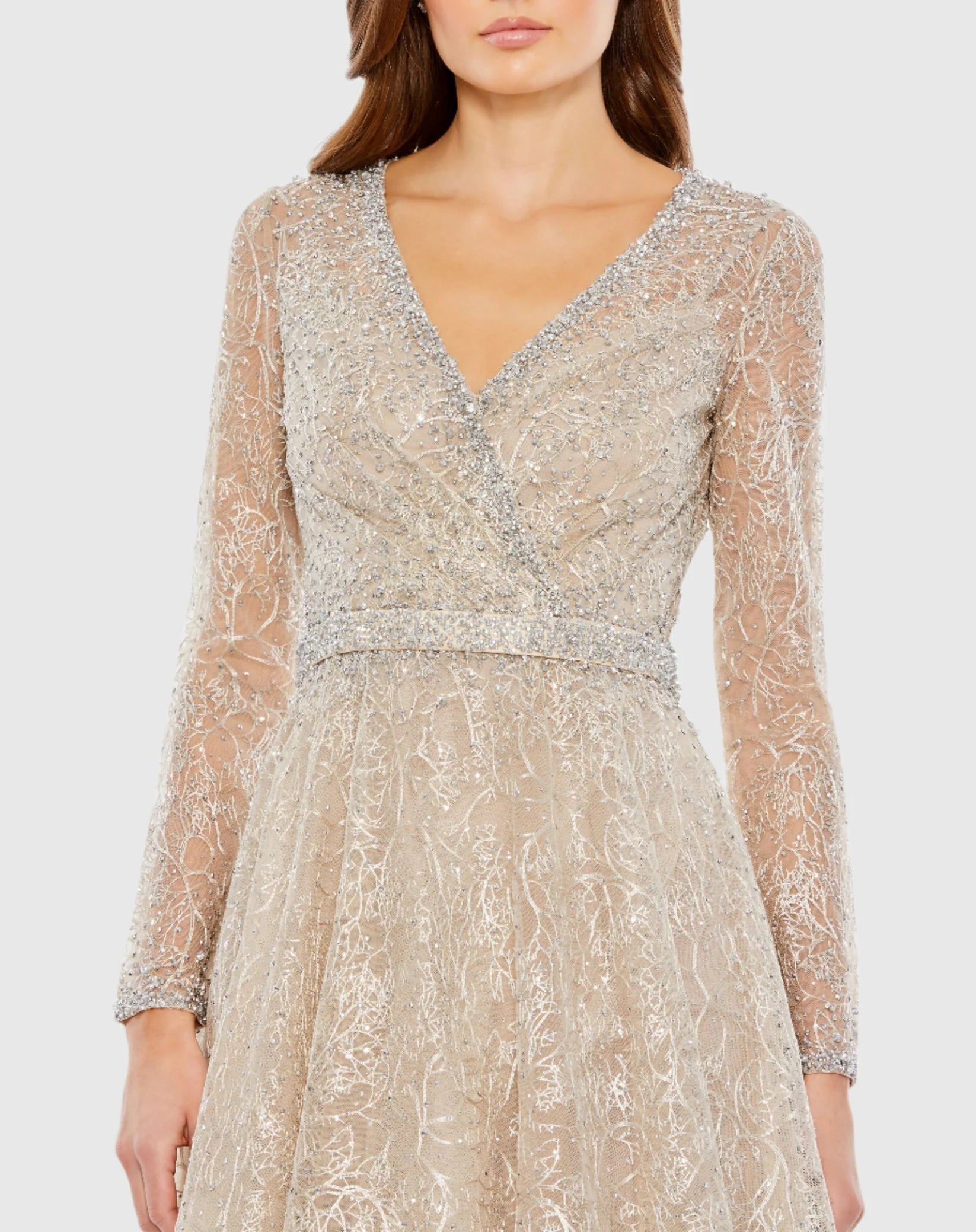 Embellished Wrap Over Long Sleeve Midi Dress - Taupe