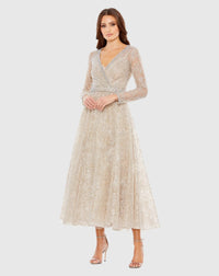 Mac Duggal Beige Embellished Wrap Over Long Sleeve Midi Dress Taupe #2036