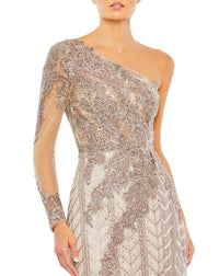 Mac Duggal Style #20401 Embellished one shoulder A-line sequin gown - Taupe close up