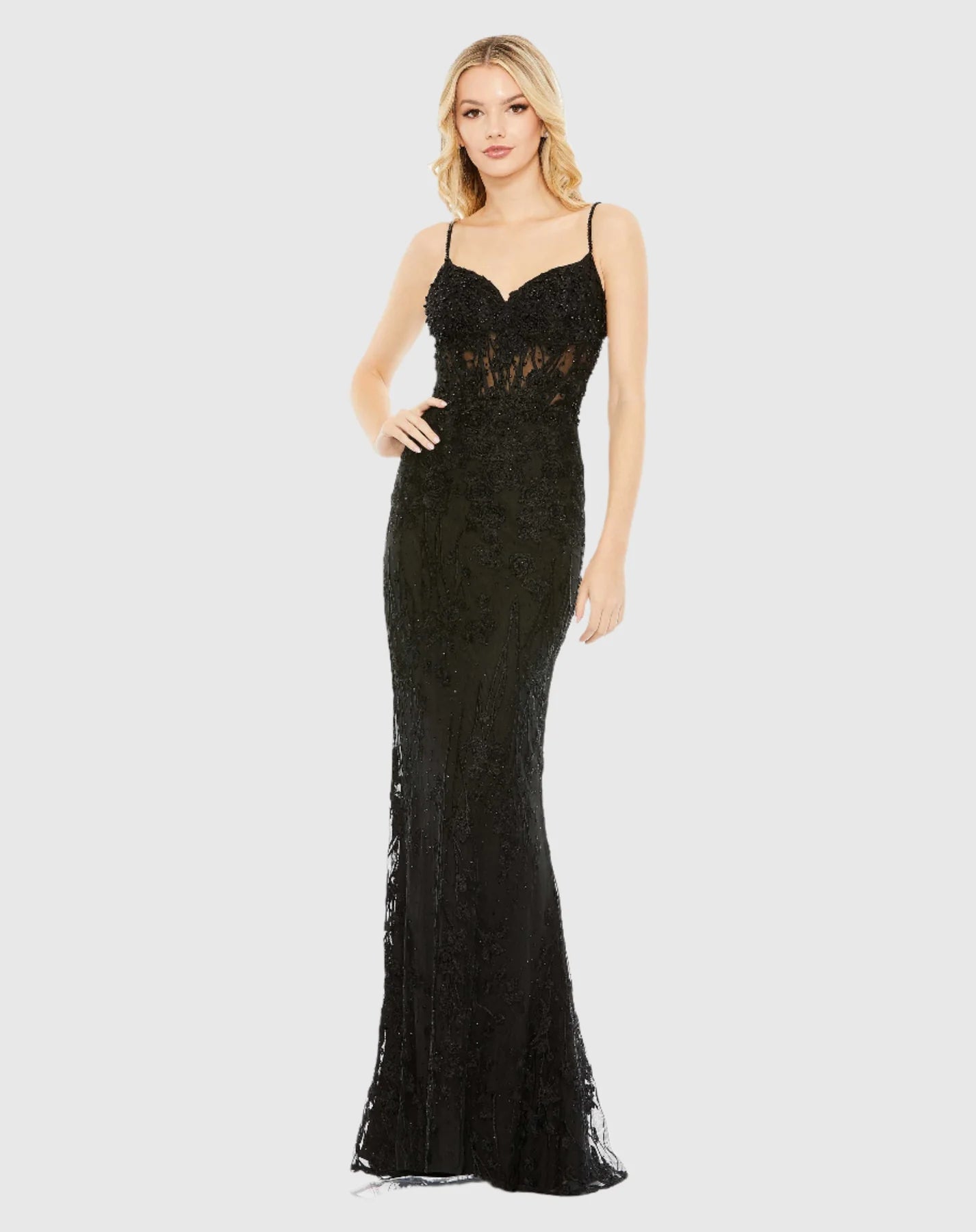 Mac Duggal, Embellished sleeveless illusion lace bodice gown, Black #20429