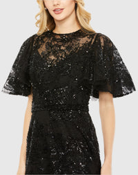 Embellished flutter sleeve high-neck gown - Black