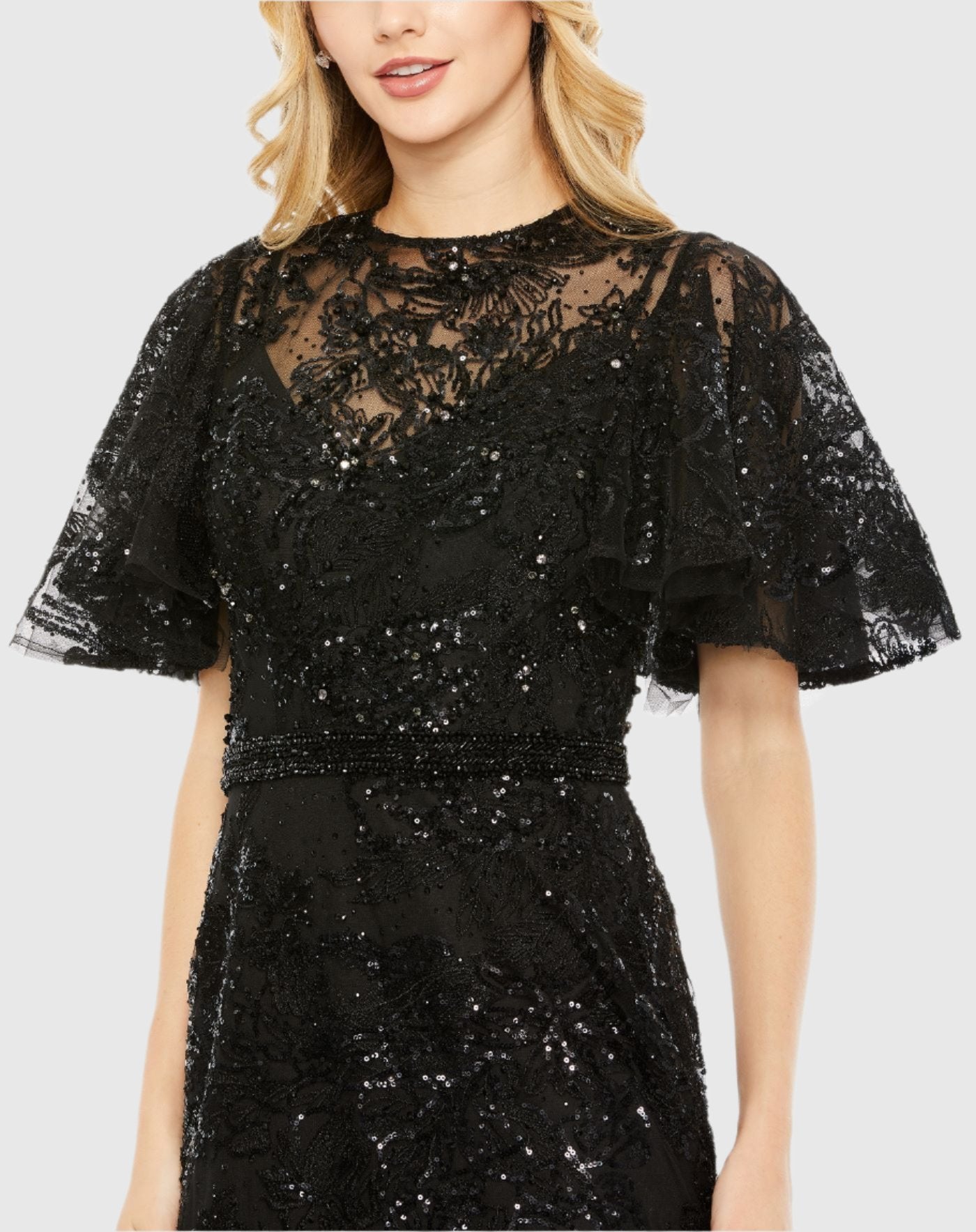 Embellished flutter sleeve high-neck gown - Black