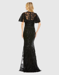 Embellished flutter sleeve high-neck gown - Black