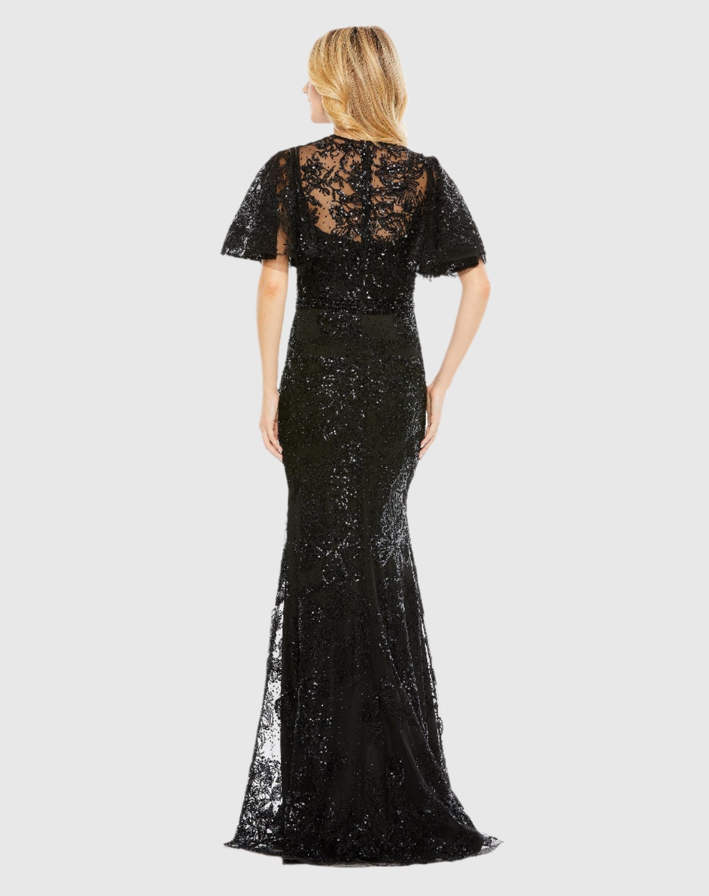 Embellished flutter sleeve high-neck gown - Black