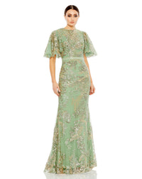 Mac Duggal Style #20438 Embellished flutter sleeve high-neck gown - Sage
