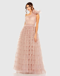 Mac Duggal Pink One Shoulder Faux Bow Feather Tiered A Line Gown #20447 Dusty Rose