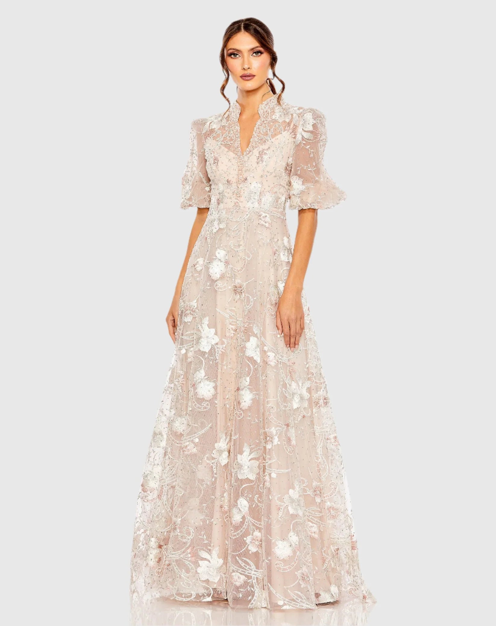 Mac Duggal #20452 Pink Queen Anne Puff Sleeve A Line Gown - Blush