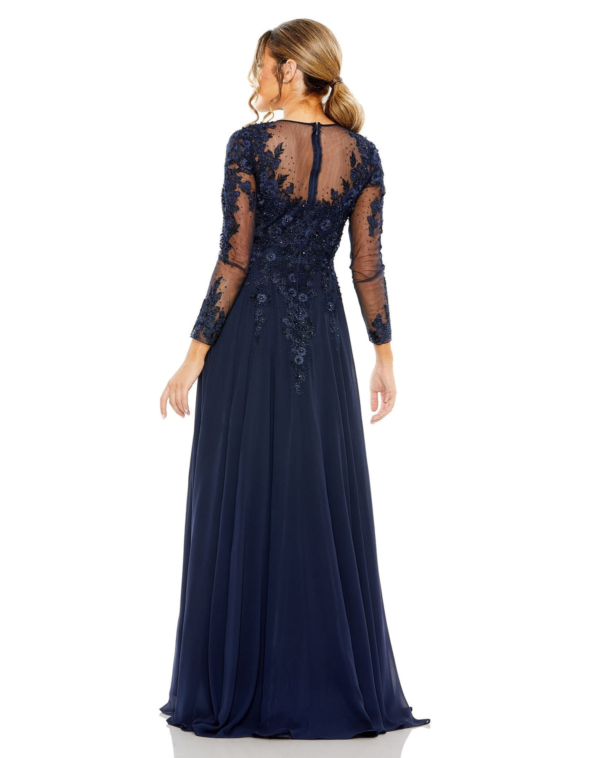 High neck long sleeve crystal embellished A Line gown - Midnight Blue