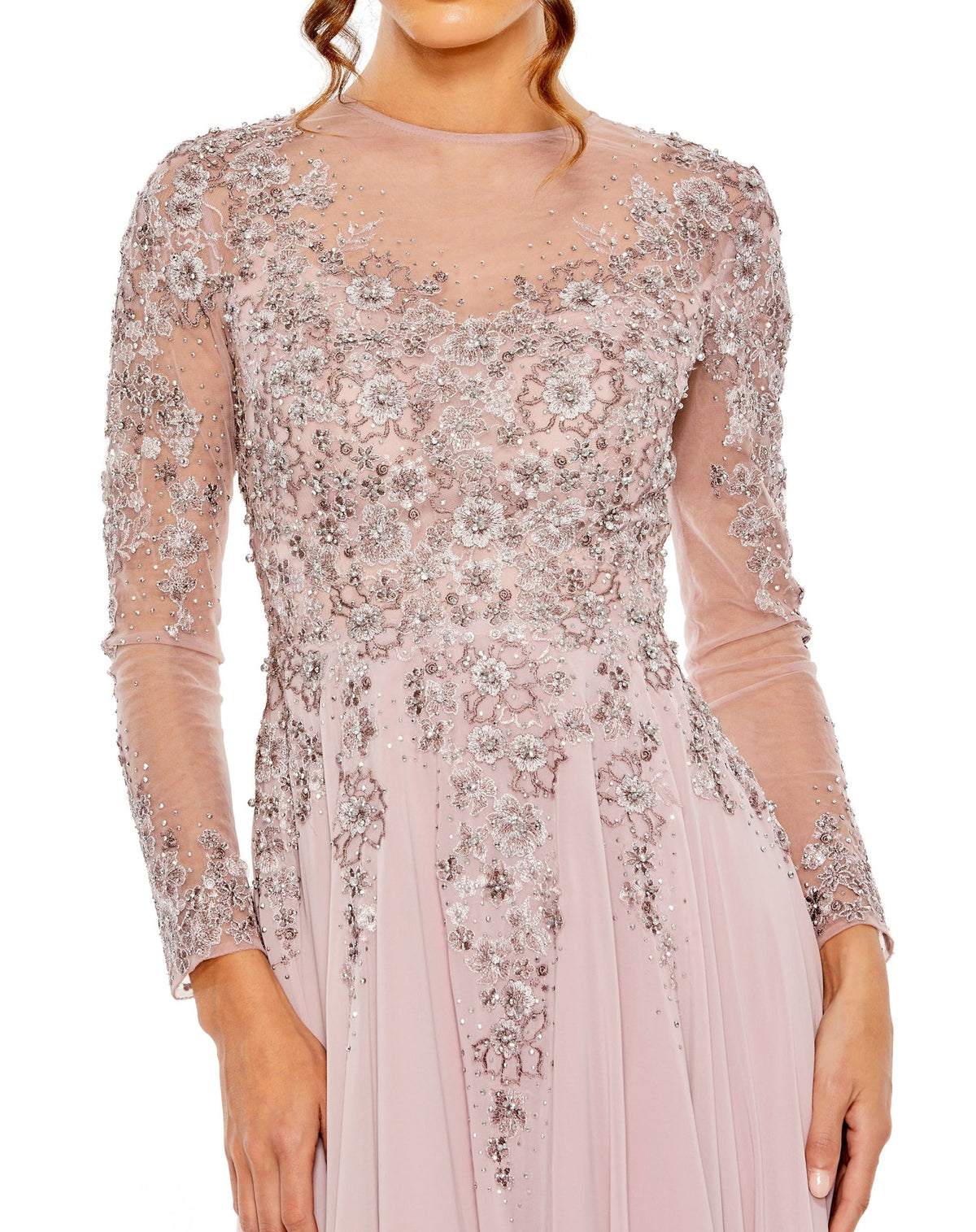 High neck long sleeve crystal embellished A Line gown - Lilac