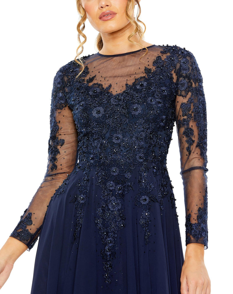 High neck long sleeve crystal embellished A Line gown - Midnight Blue