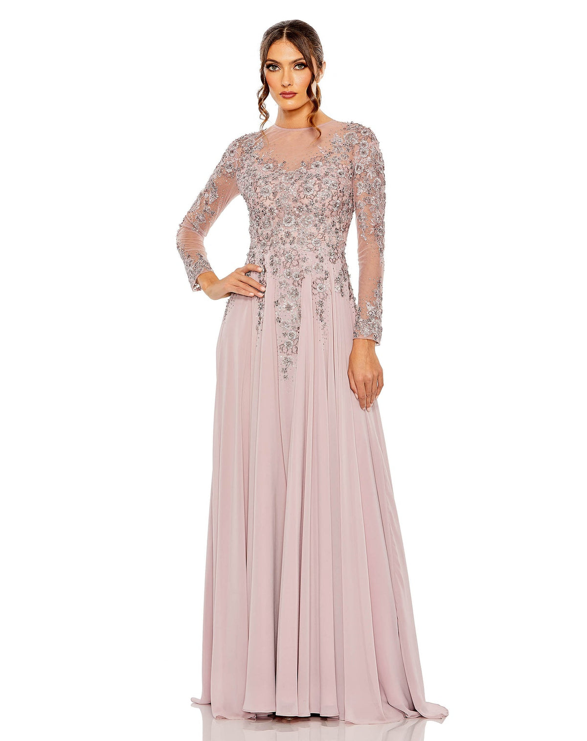 High neck long sleeve crystal embellished A Line gown - Lilac