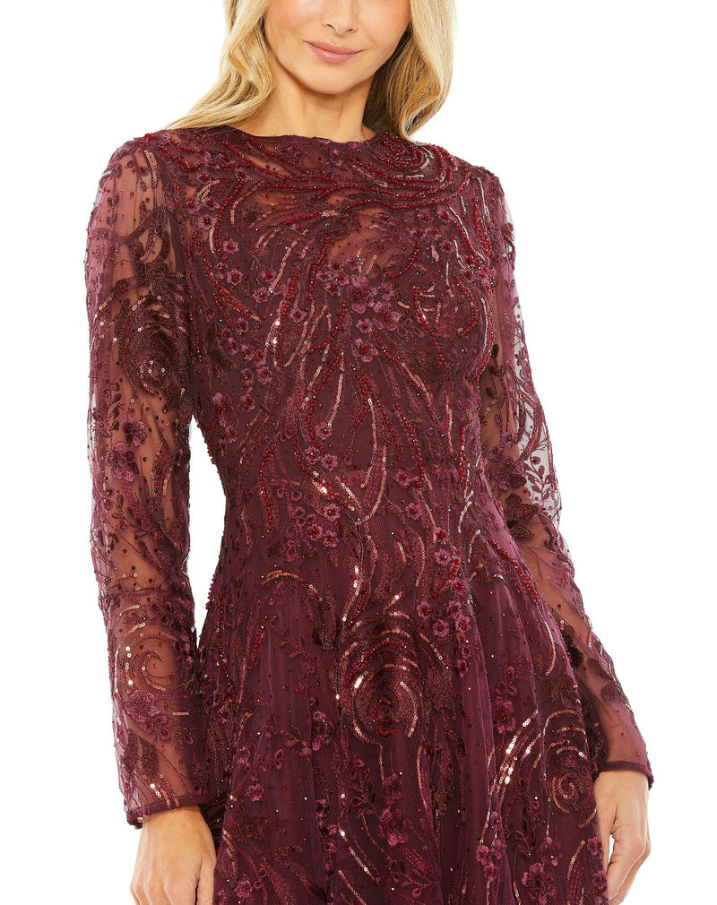 Mac Duggal Style #20479 Embellished high neck long sleeve embellished A-line gown - Wine close up