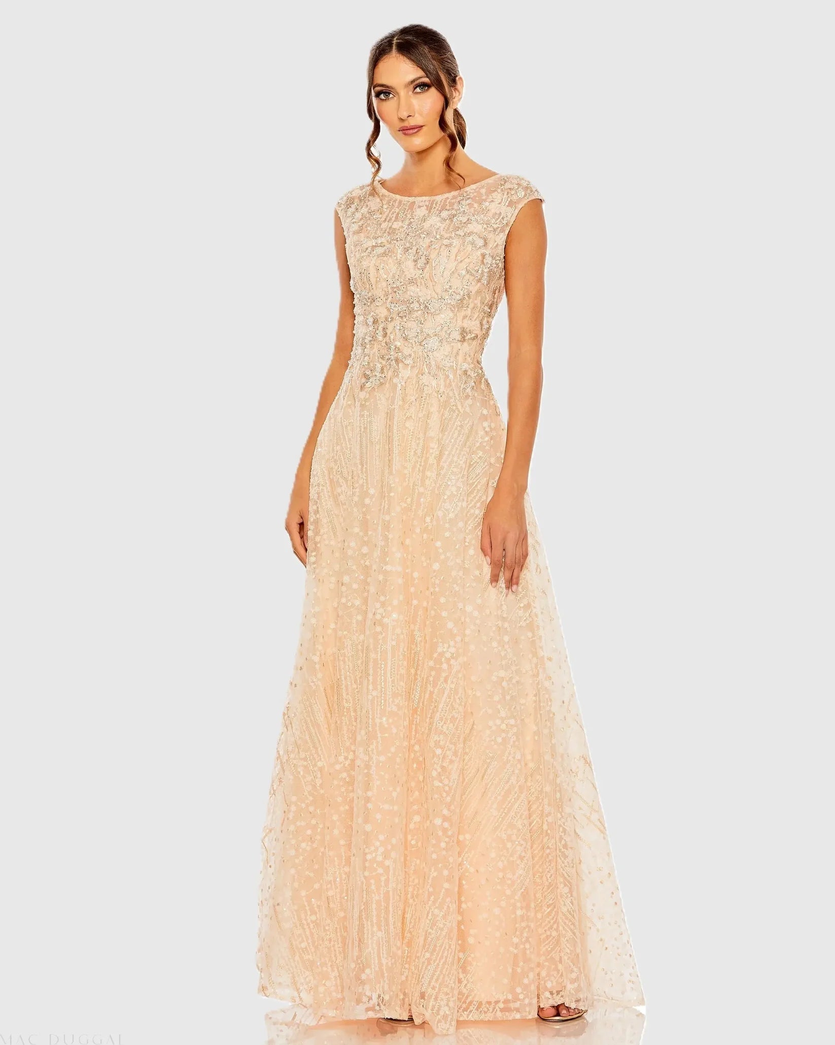 Mac Duggal#20501 High Neck Lace Embroidered Gown - Peach