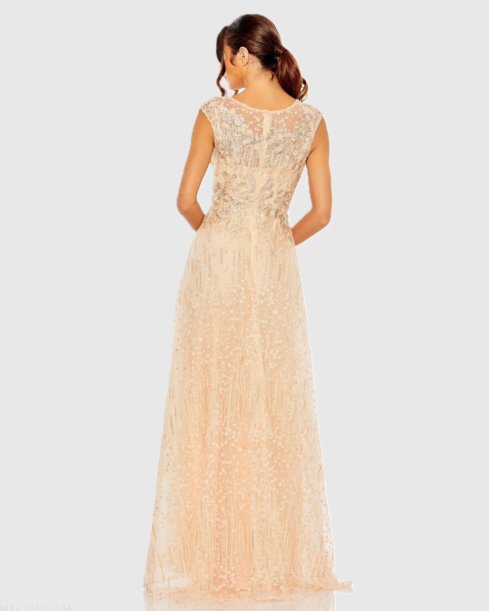 High Neck Lace Embroidered Gown - Peach